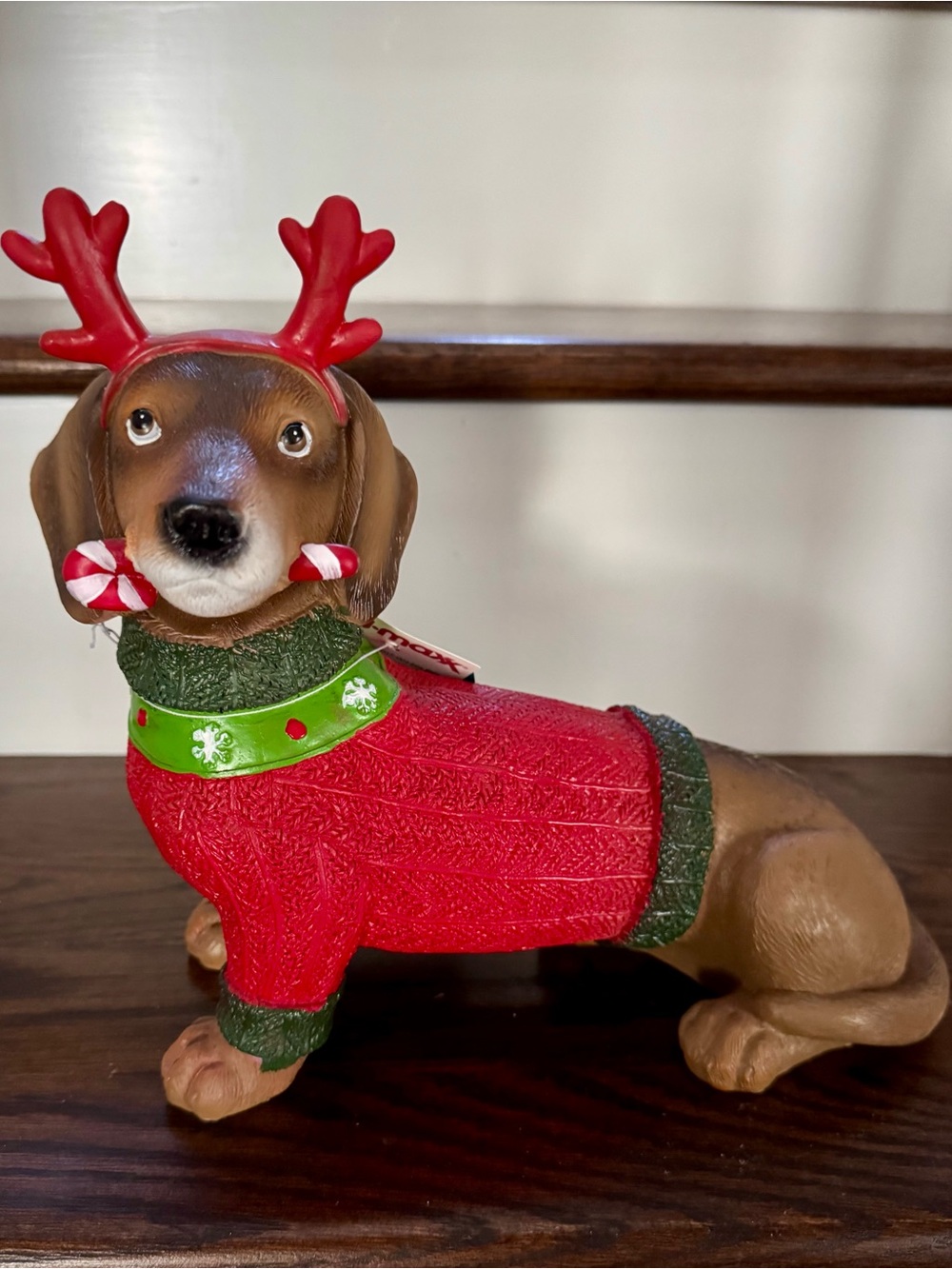 Holiday Dachshund Dog Figurine in Red Sweater Witg Christmas Antlers
